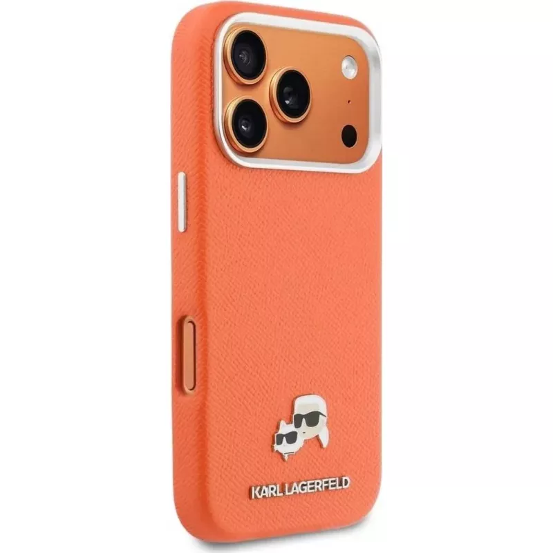 Karl Lagerfeld Karl & Choupette Head Pins Saffiano MagSafe Hülle für iPhone 17 Pro Max – Orange