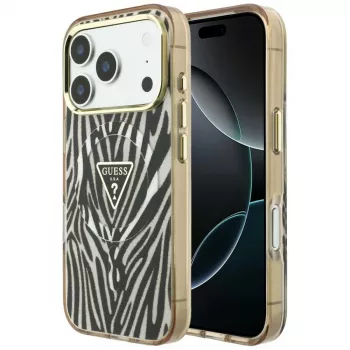 GUESS IML Zebra Glitter Triangle Logo MagSafe-Hülle für iPhone 18 Pro Max / 17 Pro Max - Gold