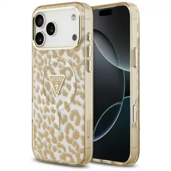 GUESS IML Leopard Glitter Triangle Logo MagSafe-Hülle für iPhone 18 Pro / 17 Pro, Braun