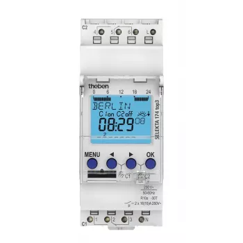 THEBEN SEL174top3 Astro Digitaler Zeitschaltuhr, 2-Kanal, Wochen-/Astroprogramm, 230 V AC, DIN-Schiene, 2 Module, 10 Jahre Gangreserve