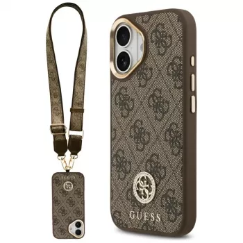 GUESS 4G Strass Logo & Big Strap Metal Buttons MagSafe Hülle für iPhone 17 - Braun