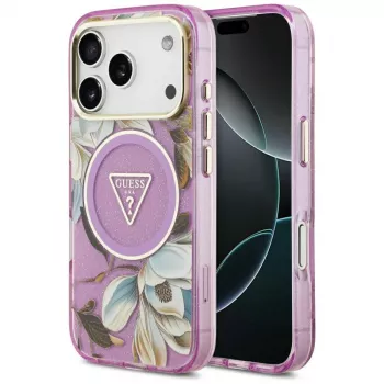 GUESS IML Glitter Flowers Triangle MagSafe-Hülle für iPhone 18 Pro / 17 Pro - Lila