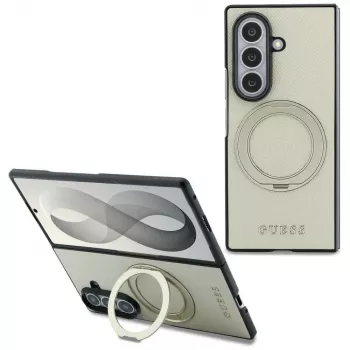 Guess Magnetic Ring Stand Grained Classic Logo MagSafe Hülle für Samsung Galaxy Z Fold 8 Ultra (Beige)