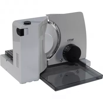 Ritter Compact 7 Elektrische Allzweck-Aufschnittmaschine mit 65 W Eco-Motor, gezahntem Edelstahlmesser, 0-20 mm Schnittstärke, klappbarem Design, Saugfüßen, Schwarz/Silber