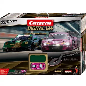 Carrera DIGITAL 124 Reach for Gold Slot Car Rennset Maßstab 1:24 mit 2 Autos und kabellosen Controllern