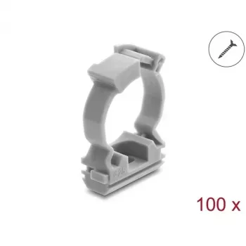 Delock Kabelhüllenhalter mit Verschlussclip, schraubbar für 25 mm Kabelschutzschlauch, 100 Stück, Grau