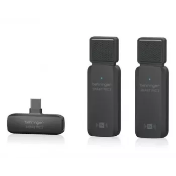 Behringer SMART MIC 2 Drahtloses Smartphone-Mikrofonsystem mit Lightning-, USB-C- und 3,5-mm-Konnektivität, 2,4-GHz-Digital, omnidirektionaler Kondensator, bis zu 100 m Reichweite, 7 h Akku, inklusive Lavalier-Eingang, Windschutz und Tragetasche