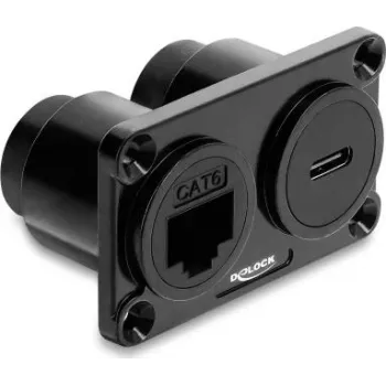 Delock Dual Panel-Mount-Adapter USB 10 Gbps USB Type-C™ Buchse PD 100 W + RJ45 Buchse Cat.6 Schwarz
