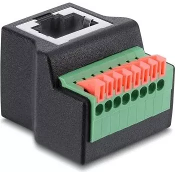 Delock RJ45 Buchse auf 8-polige Klemmleiste Adapter, 90° abgewinkelt, Drucktaste, Schwarz