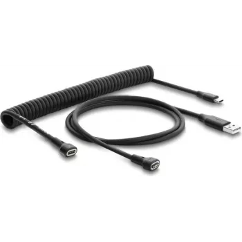 Delock Magnetisches Spiralkabel USB 2.0 Typ-A Stecker auf Pogo 4-Pin Stecker + USB Typ-C Stecker auf Pogo 4-Pin Buchse Adapter-Set Schwarz 1,5 m