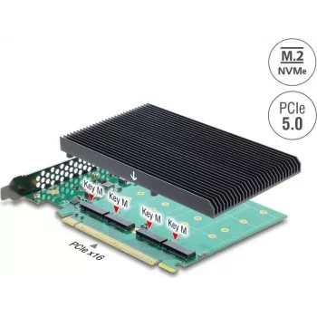 Delock PCI Express 5.0 x16 Karte auf 4 x interne NVMe M.2 Key M mit Kühlkörper - Bifurkation