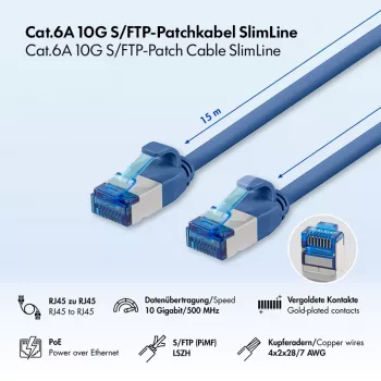 LogiLink SlimLine Cat.6A S/FTP LSZH Patchkabel, 15 m, Blau