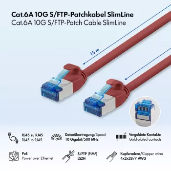 LogiLink Cat.6A Slim S/FTP LSZH Patchkabel, Rot, 15 m, SlimLine