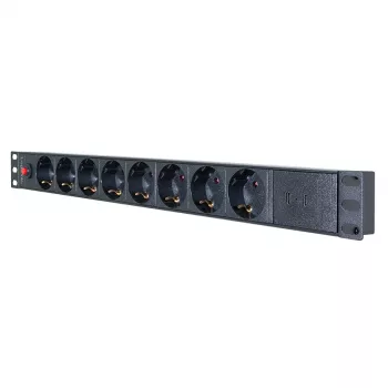 LogiLink PDU8C06 19 inch 1U 8-fach Schuko PDU mit Überspannungsschutz, 2x USB-C, Überlastschutz, 2m Kabel, Schwarz/Silber