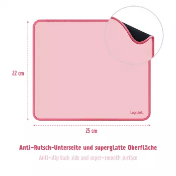 LogiLink Mauspad 220 x 250 mm Pink - Stoffoberfläche, rutschfeste Gummibasis