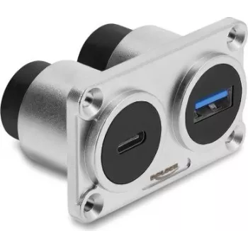 Delock Dual Panel Mount USB 3.2 Gen 1 Type-A Buchse + USB 3.2 Gen 2 Type-C Buchse mit 100 W Power Delivery, Silber