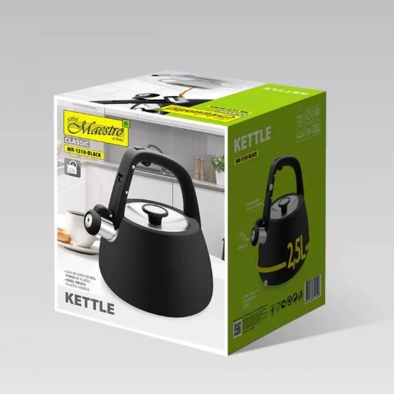 MEO Maestro Herd-Wasserkocher 2,5L Matt Schwarz Edelstahl mit Pfeife MR-1318-BLACK