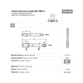 Gewindebohrer M24 NGMM/1 DIN-352D (6H) HSS Metrisch Grob, M24 x 3 mm, 4 Schneiden, Rechts, blank