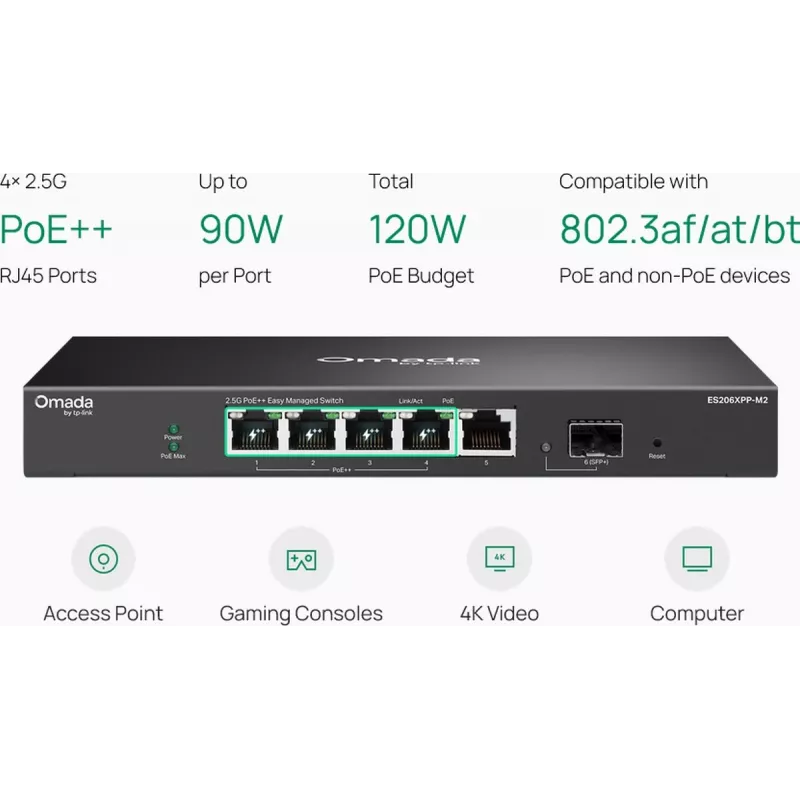 TP-Link Omada Easy Managed 5-Port 2.5G PoE++ Switch mit 10G SFP+ Uplink (ES206XPP-M2)