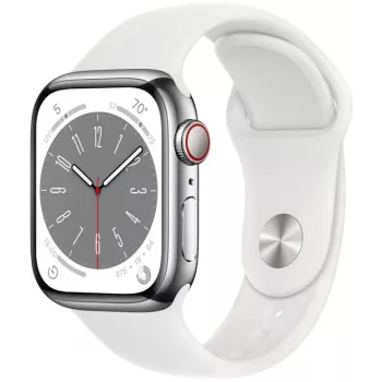 Apple Watch Series 8 GPS + Cellular 41mm Edelstahlgehäuse mit Sportarmband, Silber/Weiß (MNJ53EL/A)