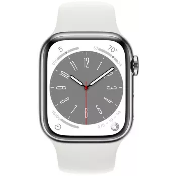 Apple Watch Series 8 GPS + Cellular 41mm Edelstahlgehäuse mit Sportarmband, Silber/Weiß (MNJ53EL/A)