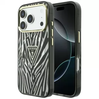 Guess IML Zebra Glitter Triangle Logo MagSafe Hülle für iPhone 18 Pro / 17 Pro - Silber