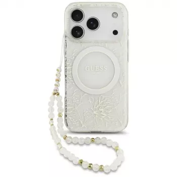 GUESS IML Flowers Allover Electroplated MagSafe-Hülle mit Perlenband für iPhone 18 Pro / 17 Pro - Weiß