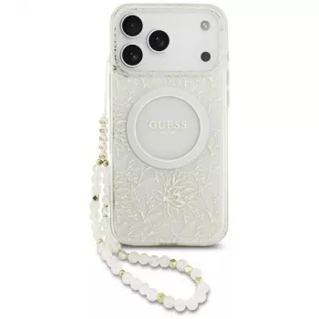 GUESS IML Flowers Allover Electroplated Case mit Perlenarmband MagSafe für iPhone 18 Pro Max / 17 Pro Max Weiß