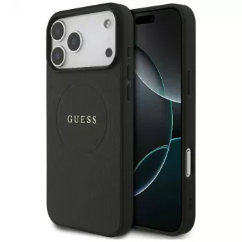 Guess Grained Gold Ring MagSafe Hülle für Apple iPhone 18 Pro Max / 17 Pro Max, Schwarz