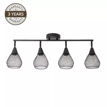 Bistro 4-flammige matte schwarze E14 Deckenstrahler, 40W max pro Kopf, 220-240V, dimmbar, verstellbare Strahlerköpfe, industrieller Vintage-Stil