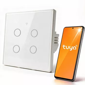 Qoltec 52718 Smart Touch 4-Kanal Wi-Fi Lichtschalter mit Timer, Tuya/Smart Life, gehärtetes Glas, Weiß