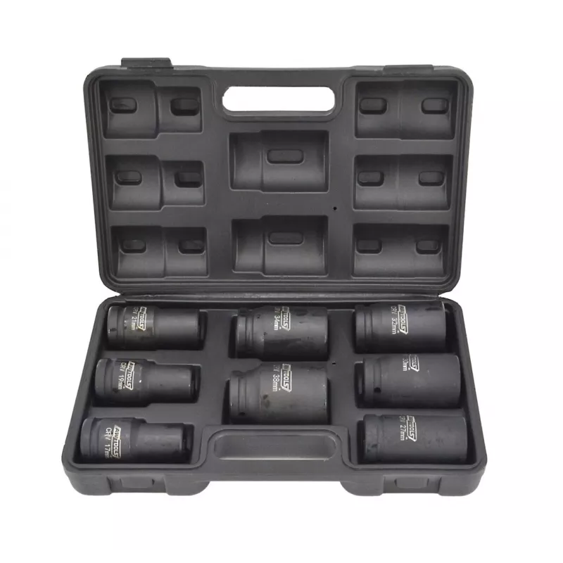 AWTOOLS AW38855 3/4-Zoll-Antrieb Tiefschlag-Steckschlüssel-Satz, 8-teilig, metrisch, 24-41mm, Cr-Mo, 6-Punkt, lange Ausführung, schwarz phosphatiert, DIN 3121, im Blasformkoffer