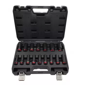 AWTOOLS 16-teiliger 1/2-Zoll-Steckschlüssel-Einsatzsatz für Schlagschrauber, lang, 10-32 mm, Cr-Mo, schwarz phosphatiert, mit Koffer - Black Line