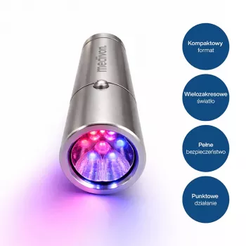 MEDIVON Lumix kompakte LED-Lichttherapielampe, 5 Wellenlängen 460–900 nm, 5-Minuten-Timer, Li-Ionen-Akku, silber