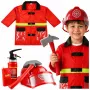 LEAN TOYS 158 Feuerwehrkostüm-Set mit Helm, Feuerlöscher, Brechstange – Rot, Einheitsgröße, Alter 3-8