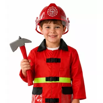 LEAN TOYS 158 Feuerwehrkostüm-Set mit Helm, Feuerlöscher, Brechstange – Rot, Einheitsgröße, Alter 3-8