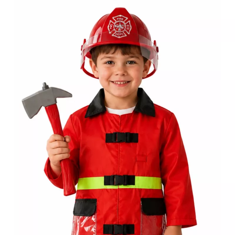 LEAN TOYS 158 Feuerwehrkostüm-Set mit Helm, Feuerlöscher, Brechstange – Rot, Einheitsgröße, Alter 3-8