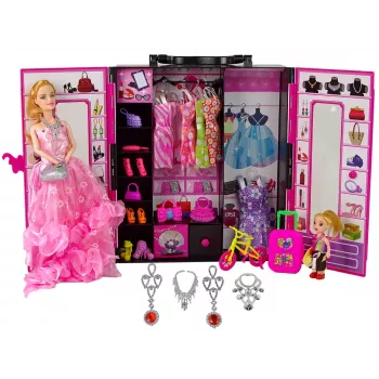 LEAN TOYS Puppe mit Kleiderschrank Ankleidezimmer für Puppen im Beauty-Girl-Koffer