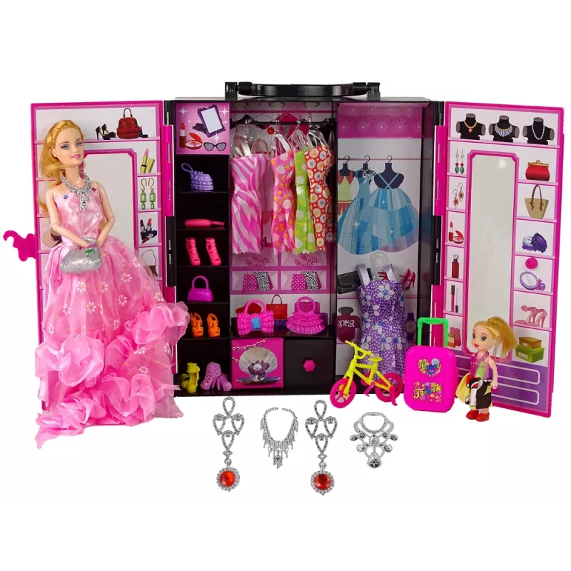 LEAN TOYS Puppe mit Kleiderschrank Ankleidezimmer für Puppen im Beauty-Girl-Koffer
