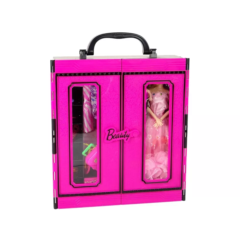 LEAN TOYS Puppe mit Kleiderschrank Ankleidezimmer für Puppen im Beauty-Girl-Koffer