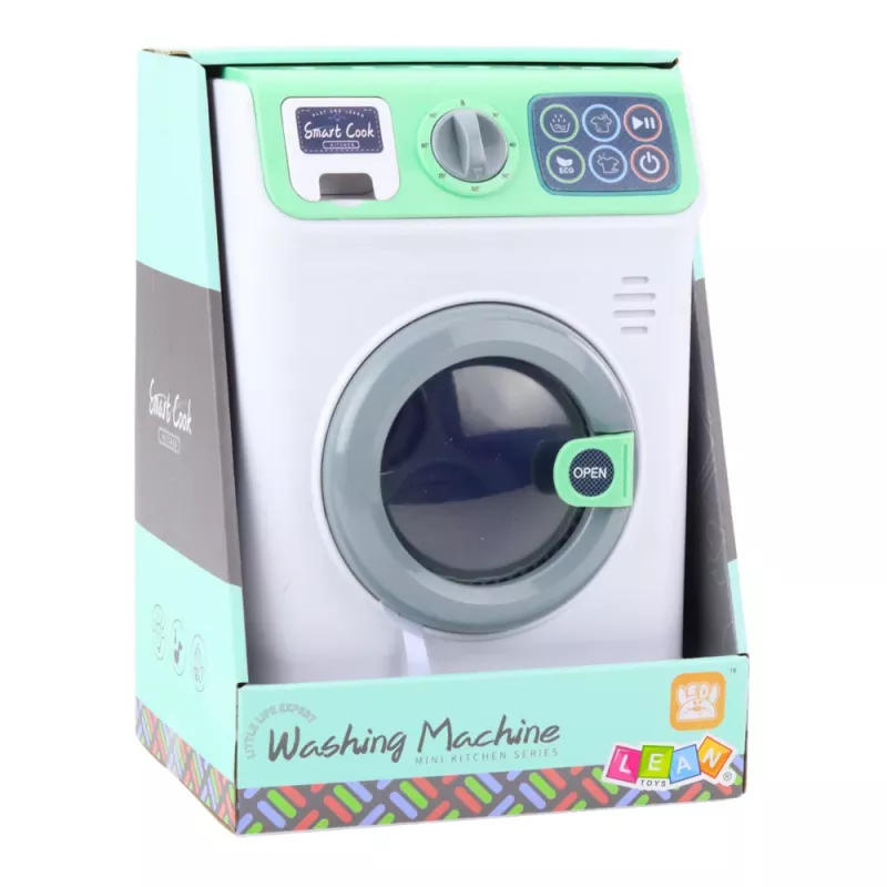 LEAN TOYS Kinderwaschmaschine mit rotierender Trommel, Lichtern und Geräuschen, Weiß und Grün