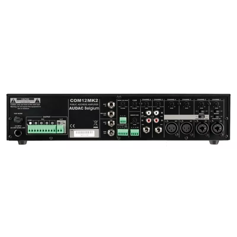 AUDAC COM12MK2 120W PA-Mischverstärker mit 100V/70V/4Ω-Ausgängen, 2 Mic/3 Line-Eingängen, Prioritäts- & Phantomspeisung, 2U Rack-Montage, Schwarz