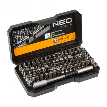 NEO TOOLS 99-teiliges Schraubendreher-Bit-Set mit Griff, S2-Stahl, 1/4 inch Sechskant, Schlitz, Phillips, Pozidriv, Torx, Sicherheits-Torx, Sechskant, Sicherheits-Sechskant, Vierkant, Spanner, Tri-Wing, Torq-Set, Clutch, magnetischer Bit-Halter, Adapter, Verl