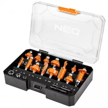 NEO TOOLS 15-teiliges Hartmetall-Fräser-Set mit 8 mm Schaft im Holzkoffer