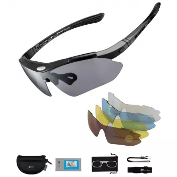 Rockbros 10003 Polarisierte Fahrradbrille mit 5 Wechselgläsern, UV400, TR90-Rahmen, Schwarz