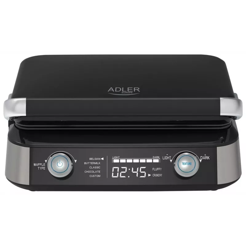 Adler AD 3084 Waffeleisen mit LED-Display, 5 Programme, 7 Bräunungsstufen, 1600 W (max. 2400 W), Antihaftplatten, schwarz/silber