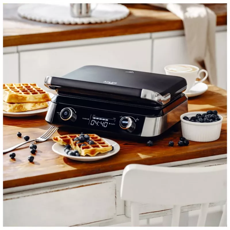 Adler AD 3084 Waffeleisen mit LED-Display, 5 Programme, 7 Bräunungsstufen, 1600 W (max. 2400 W), Antihaftplatten, schwarz/silber