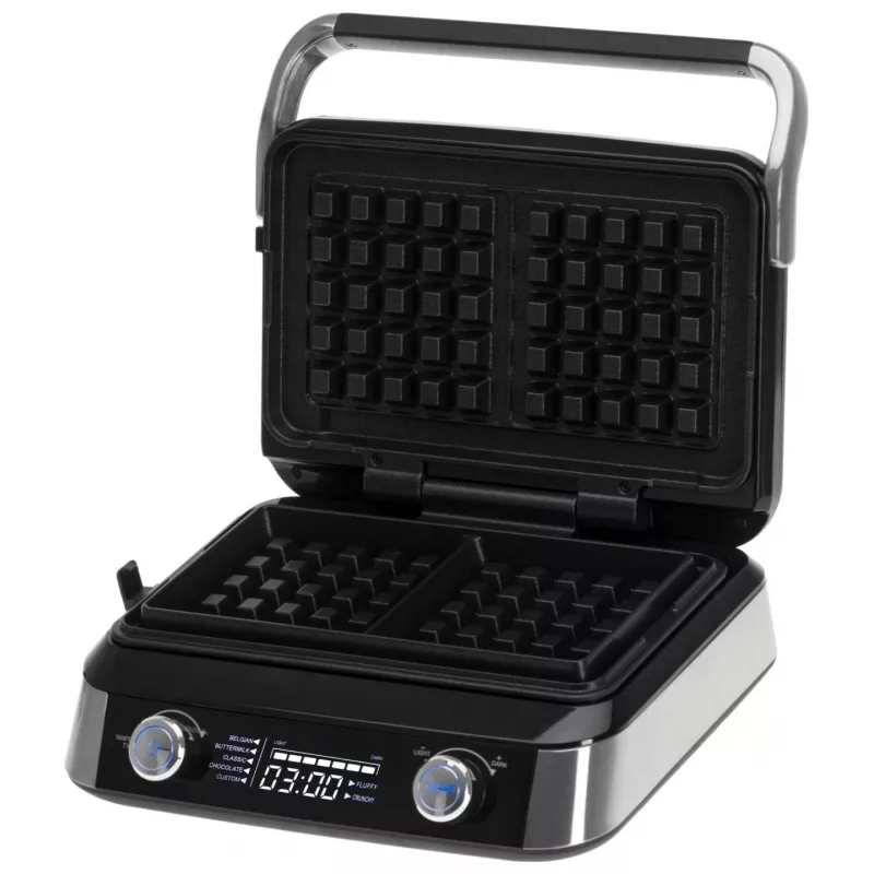 Adler AD 3084 Waffeleisen mit LED-Display, 5 Programme, 7 Bräunungsstufen, 1600 W (max. 2400 W), Antihaftplatten, schwarz/silber