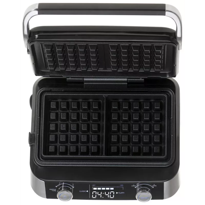Adler AD 3084 Waffeleisen mit LED-Display, 5 Programme, 7 Bräunungsstufen, 1600 W (max. 2400 W), Antihaftplatten, schwarz/silber