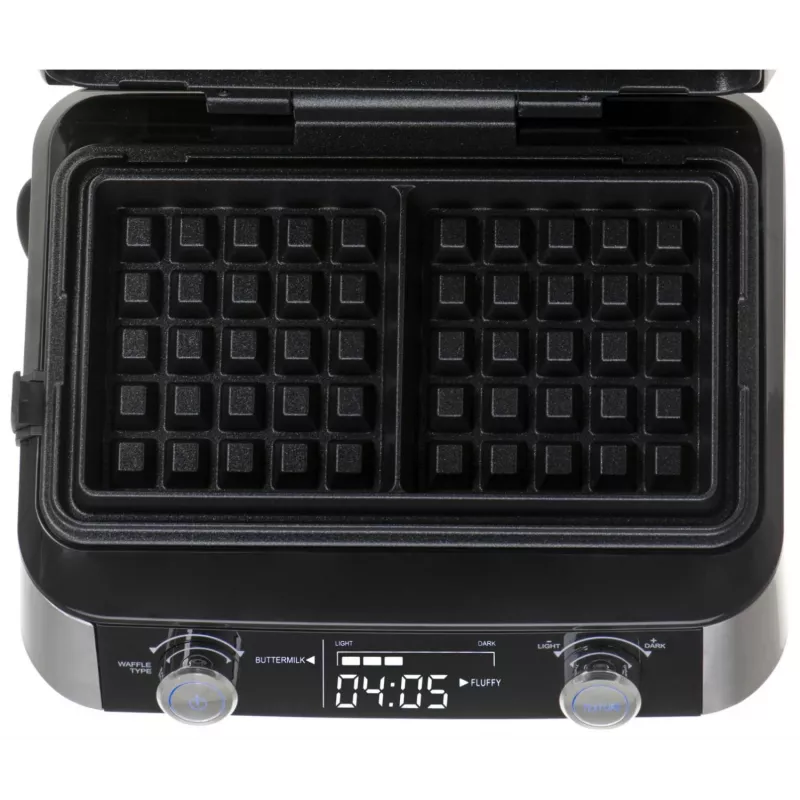 Adler AD 3084 Waffeleisen mit LED-Display, 5 Programme, 7 Bräunungsstufen, 1600 W (max. 2400 W), Antihaftplatten, schwarz/silber